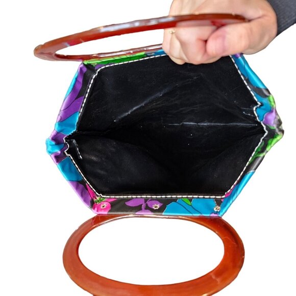 Vintage 60s Satin Foldable Tote Lucite Handle Retro Floral Purse Converts Clutch - Picture 5 of 15